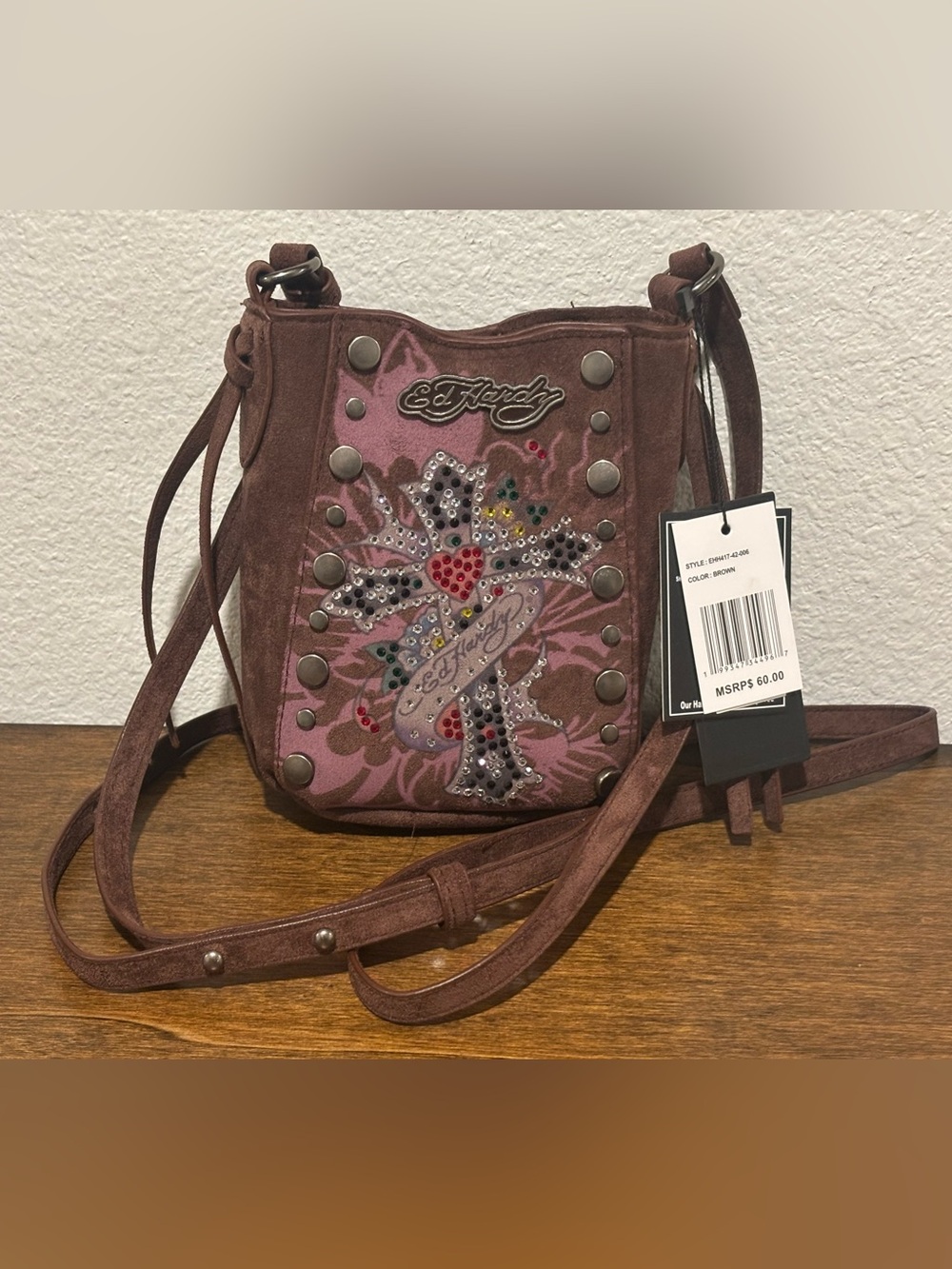 Ed Hardy Small Brown Suede Crossbody with Studded Rhinestone Cross